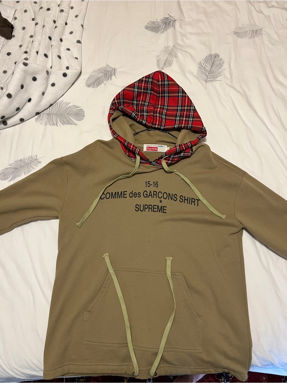 Supreme Olive Crewneck Hoodie with Red Plaid Lined Hood